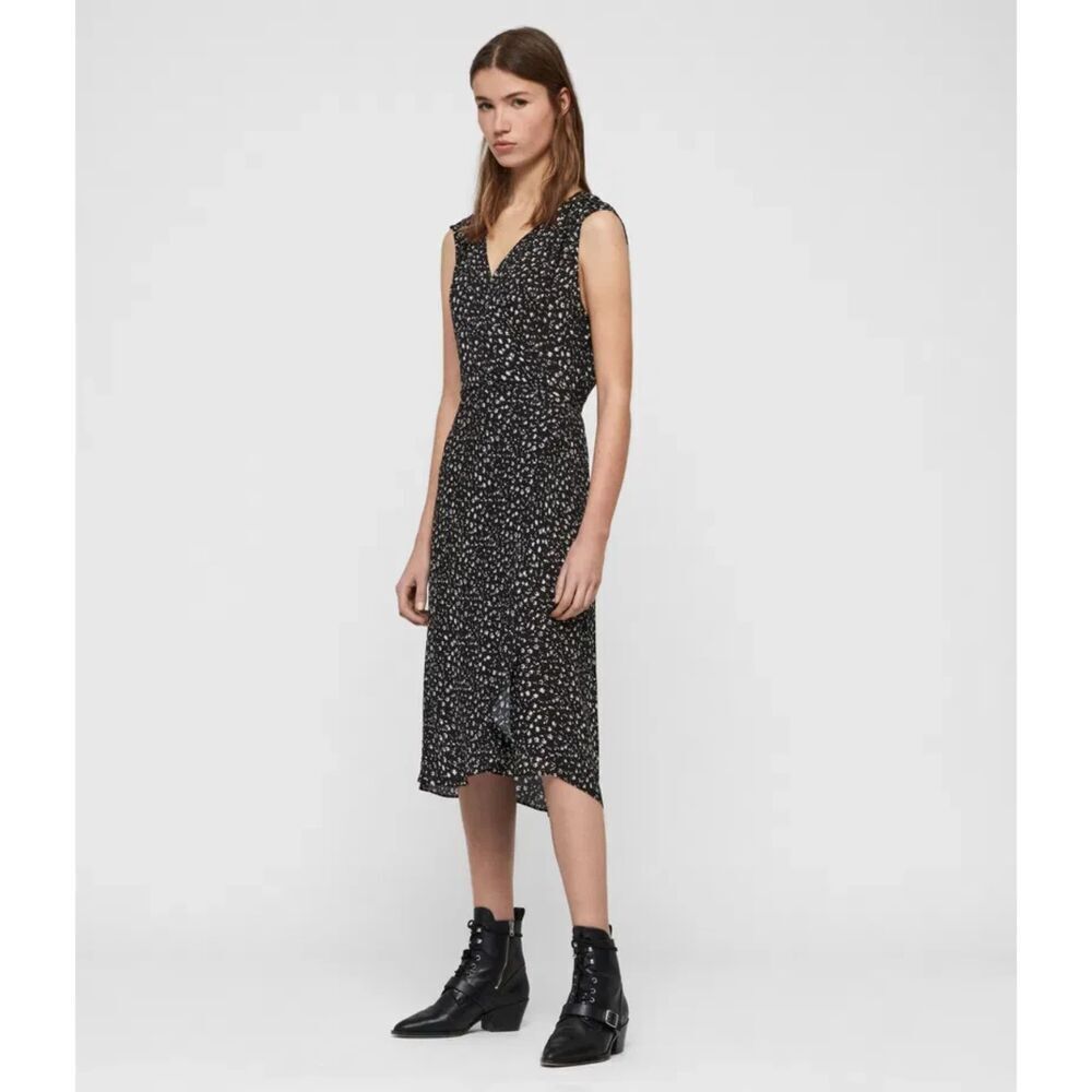 ALL SAINTS Black White Ditzy Floral Print Krystie Wrap Midi Dress Size Small